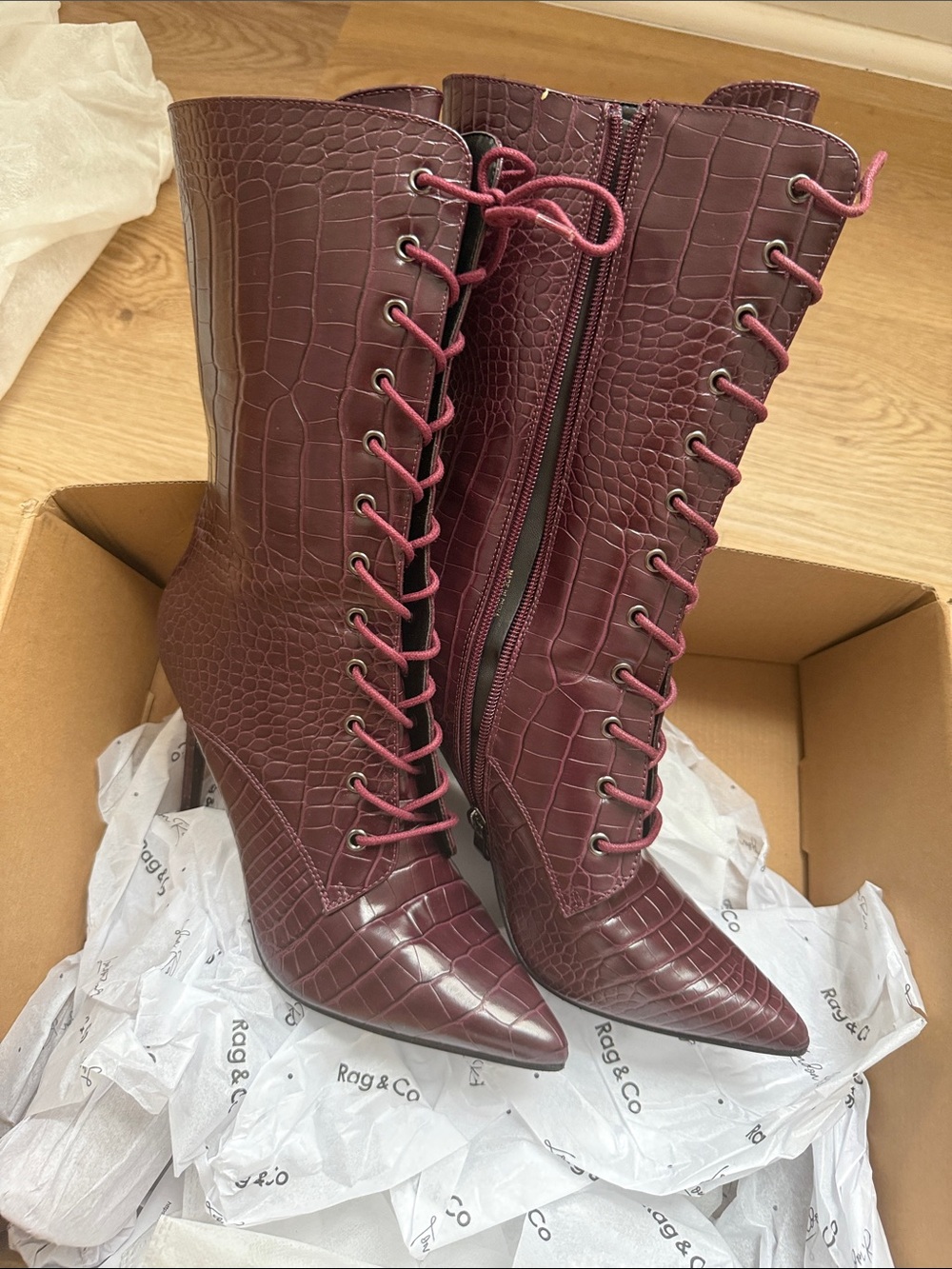 Rag Company Burgundy Croc-Embossed Lace-Up Heeled Boots